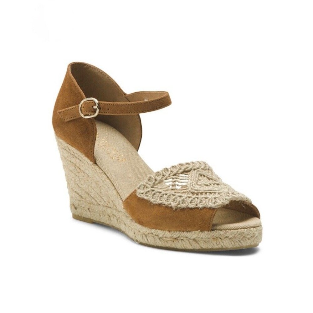 Conchisa Carol Zaffron Suede Woven Raffia Wedge Sandals